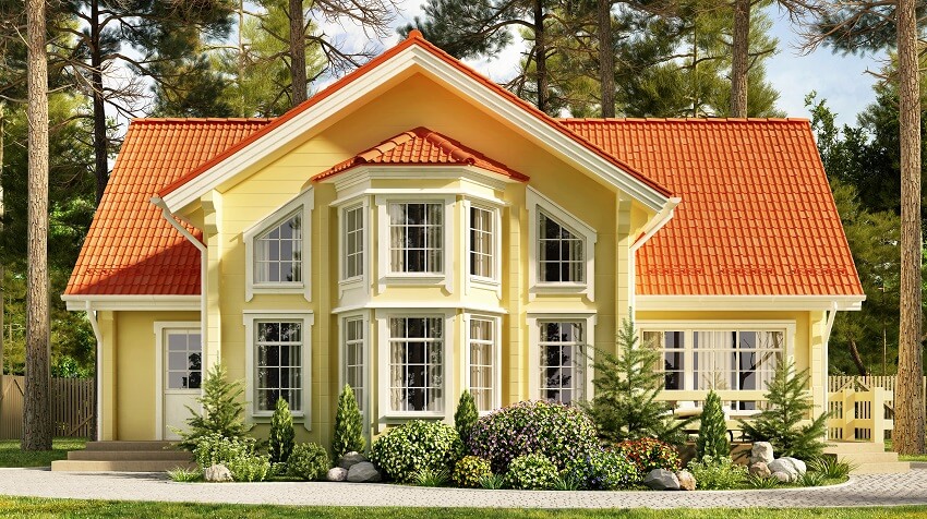 Modern yellow house with landscape near the forest