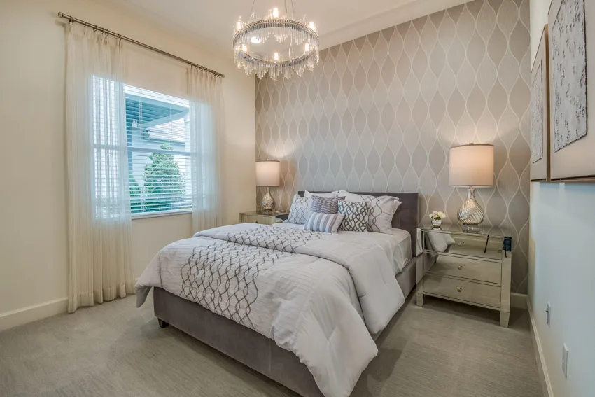 Bedroom lamp chandelier windows curtain bed with velvet headboard lighting