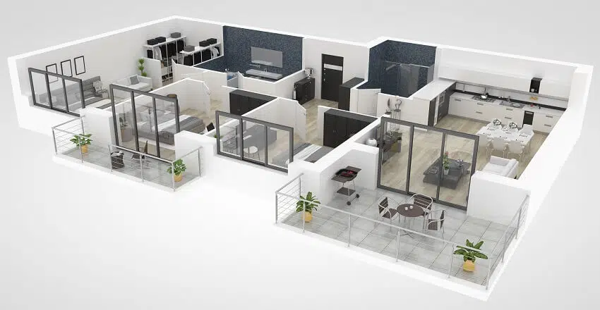 Open concept of furnished Barndominium home apartment floor plan
