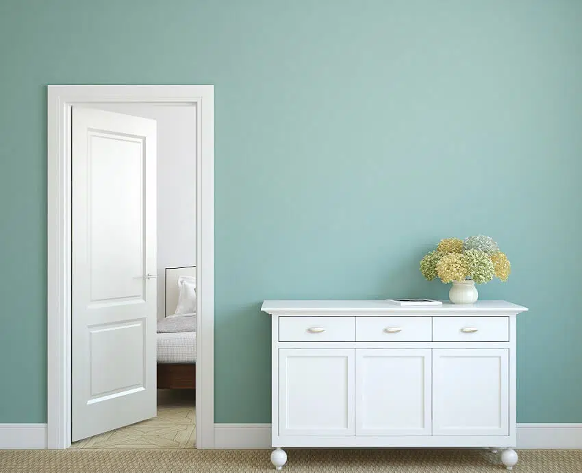 Pastel painted hallway with open door and flower on table