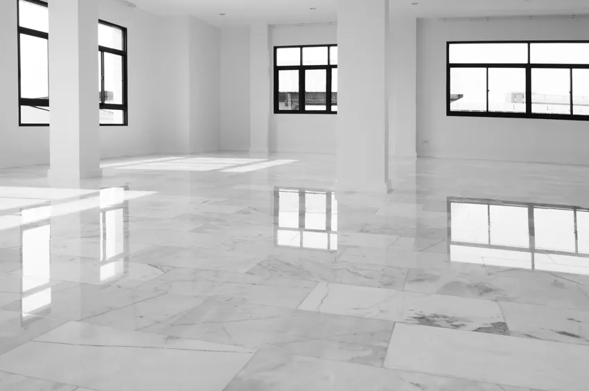 Polished marble floor empty room black windows
