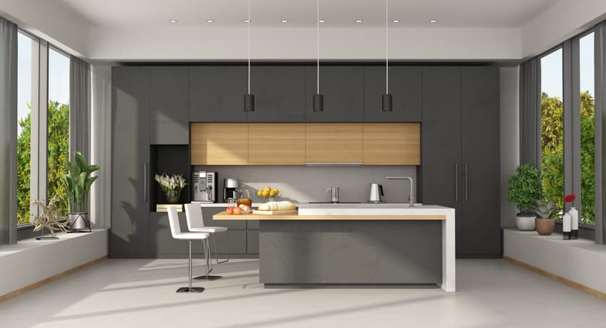 Spacious and bright kitchen dark cabinets backsplash modern center island with seating windows hanging lights