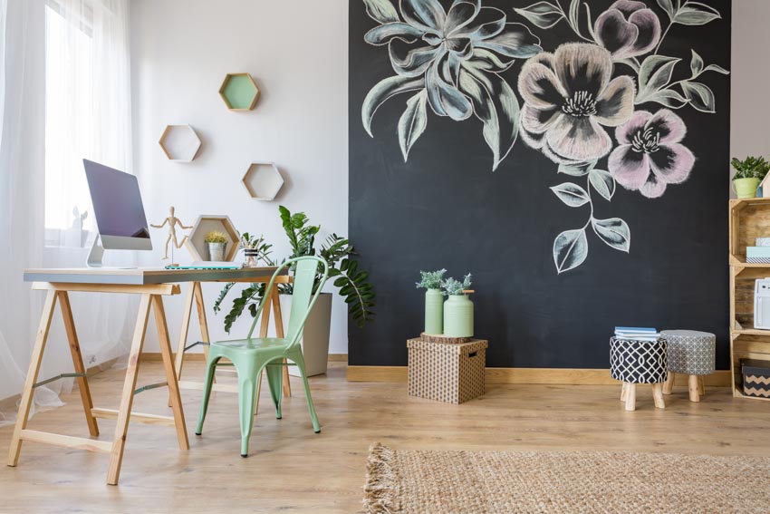 Study room floral chalkboard wall wood floor window