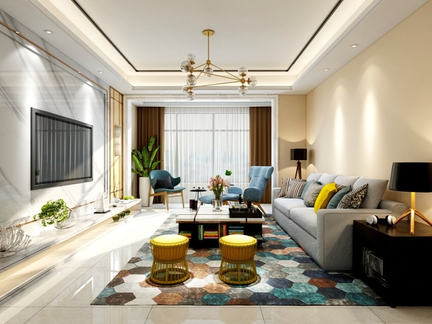 Stylish living room with furniture ciling lights and colorful carpet