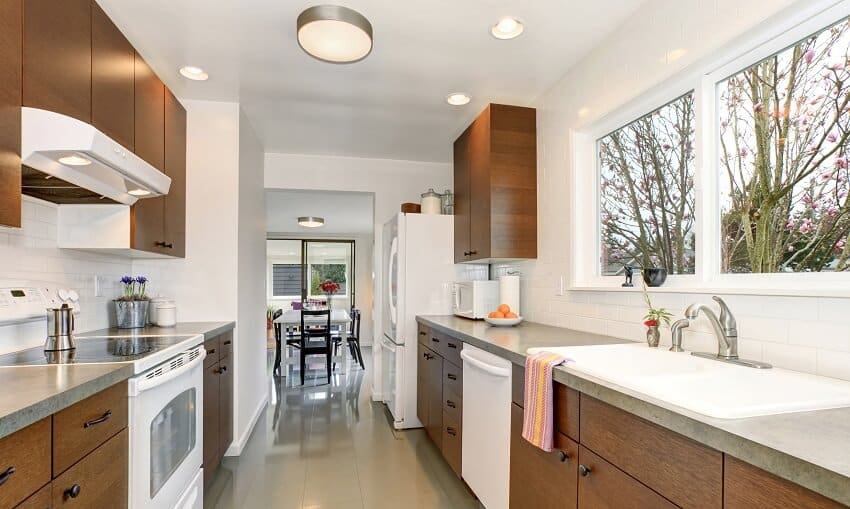 Traditional kitchen with gray floor and counter tops