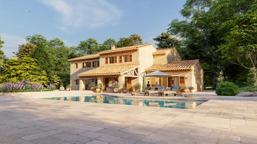 Vacation villa deck pool patio sandstone tile