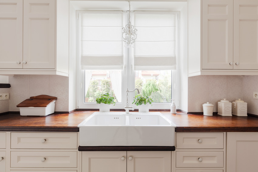 White cabinets windows faux wood peel and stick kitchen countertop