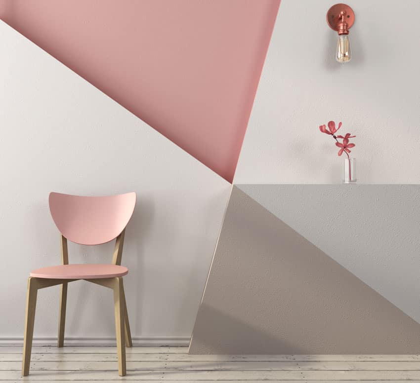 White pink gray beige geometric wall chair wood floor