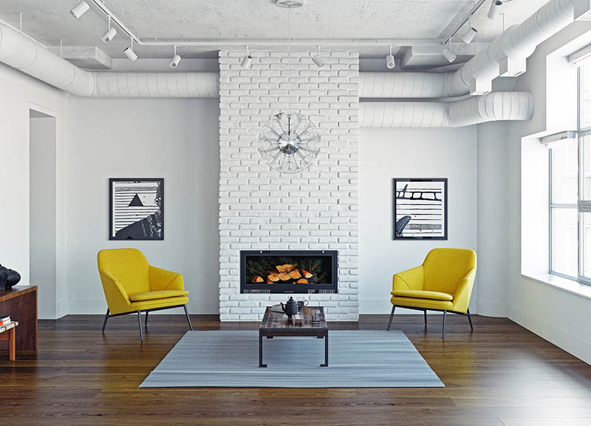 Whitewashed brick fireplace mid century modern living room 