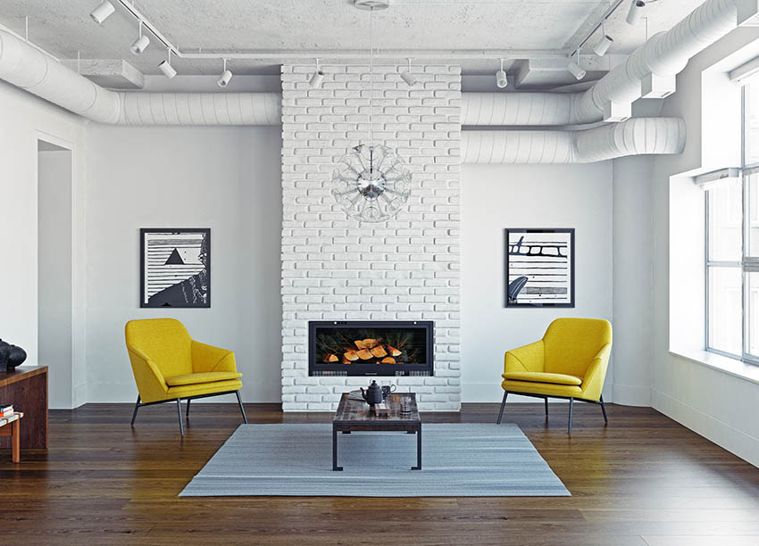 modern living room with brick fireplace