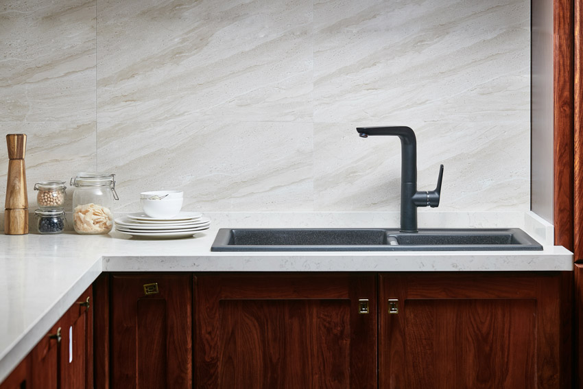 Wood cabinets sink marble backsplash peel and stick kitchen countertop