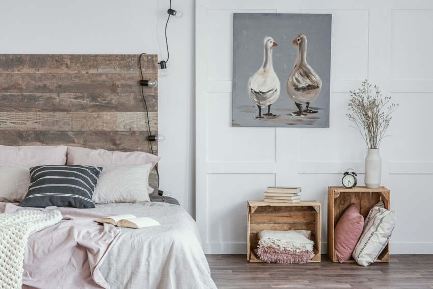 Wood headboard flooring artwork on wall decor essentials