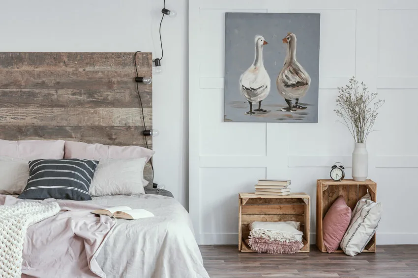 Wood headboard flooring artwork on wall decor essentials