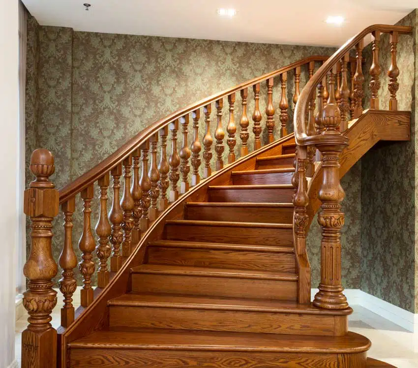 Wooden staircase stained colorful wallpaper
