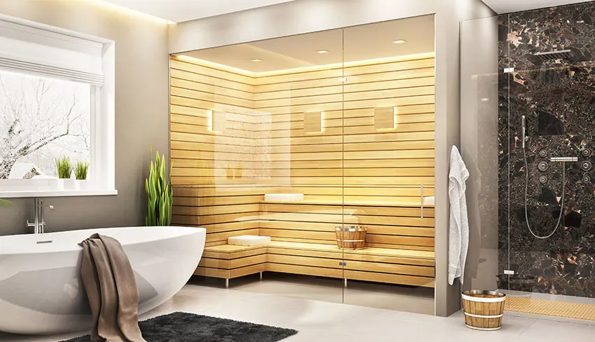 Bathroom with sauna freestanding tub indoor plants