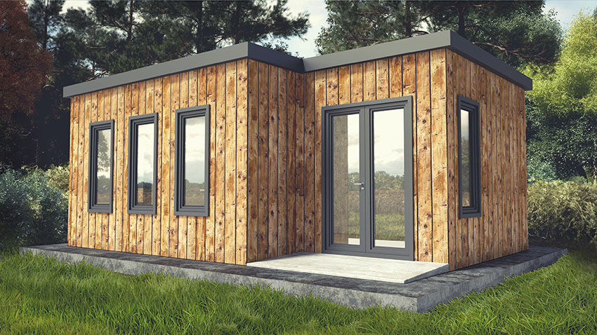 Tiny house with wooden wall flat roof and fixed windows