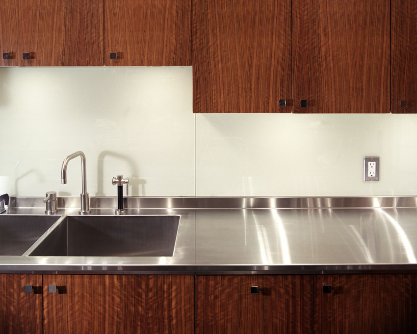 Aluminum kitchen countertop wood cabinet sink faucet backsplash
