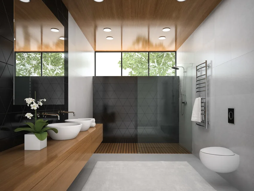 Bathroom with open concept shower mirror wood ceiling toilet