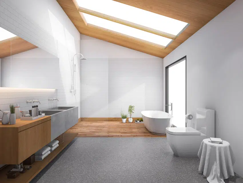 Beautiful bathroom skylight wood ceiling toilet mirror windows tub white wall