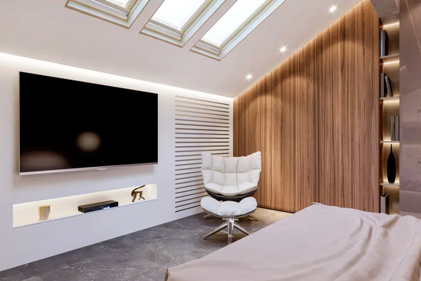 Beautiful bedroom wall mount tv wood panel skylight