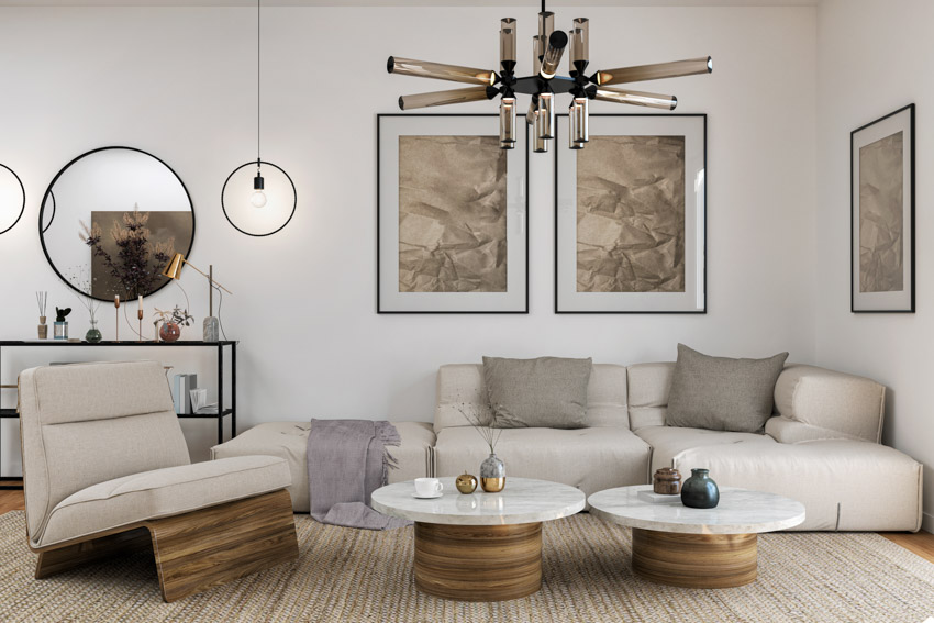 Beautiful living room ceiling room white leather couch carpet mirror coffee table pendant light