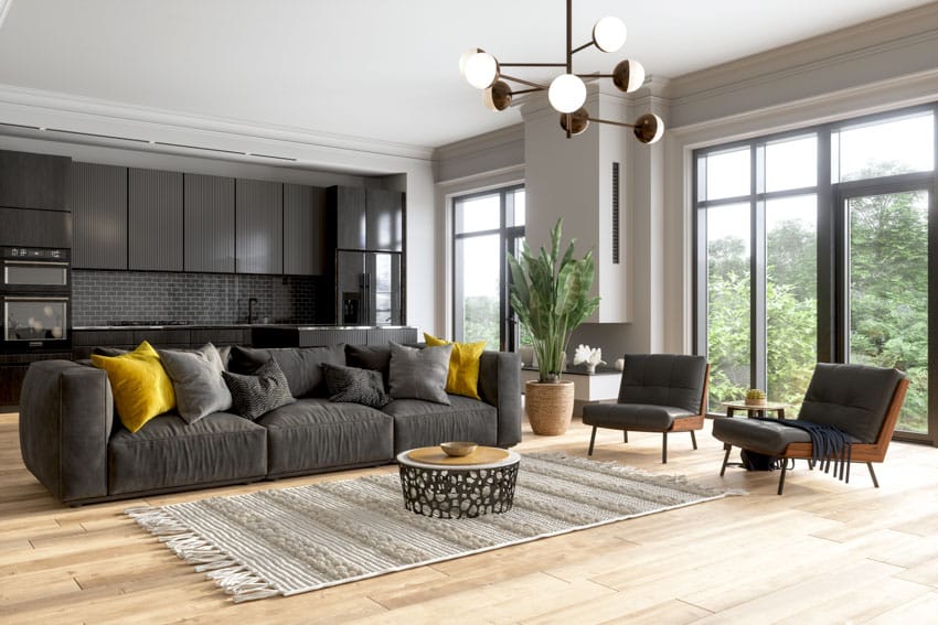 Beautiful living room dark colored furniture light hardwood floor glass windows pendant lighting kitchen area cabinets