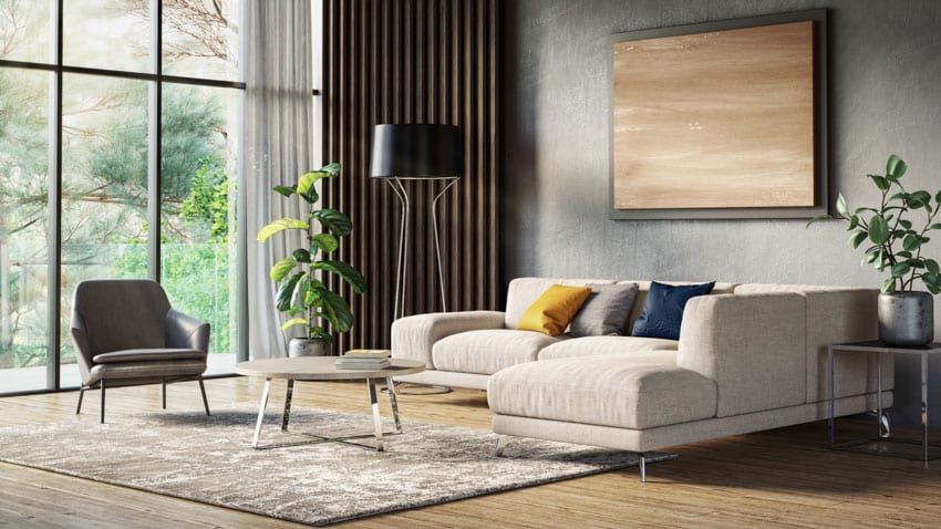 Beautiful living room drum floor lamp sofa windows curtain rug wood floor potted indoor plant