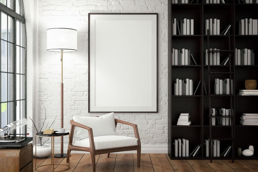 Bookshelf wood floor chair windows white wall tall floor lamp