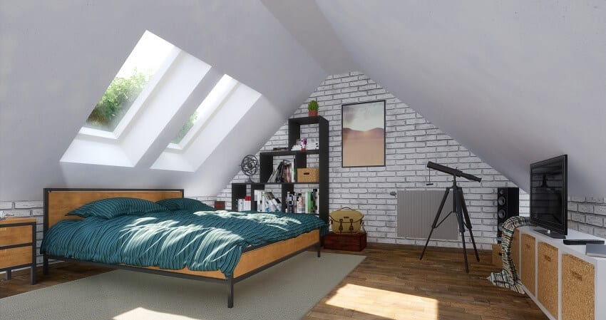 Bright modern bedroom in attic with comfortable double bed under mansard windows brick wall with a hanging painting shelves and wood floors