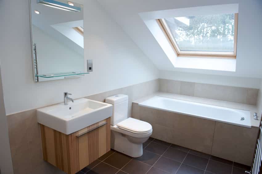 Classic bathroom tub skylight sink toilet tile flooring mirror