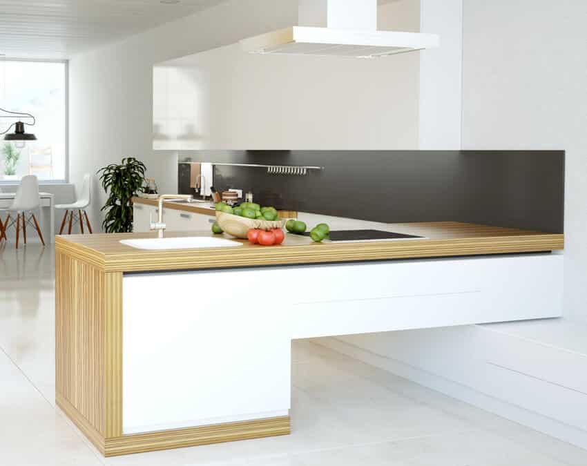 Contemporary kitchen design with baubuche countertop white and wooden interior with a touch of black accent