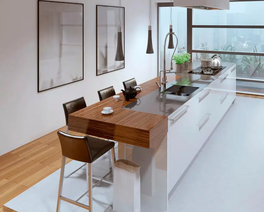 Contemporary kitchen style with bright spacious modern kitchen interior and a functional kitchen island babuche bar