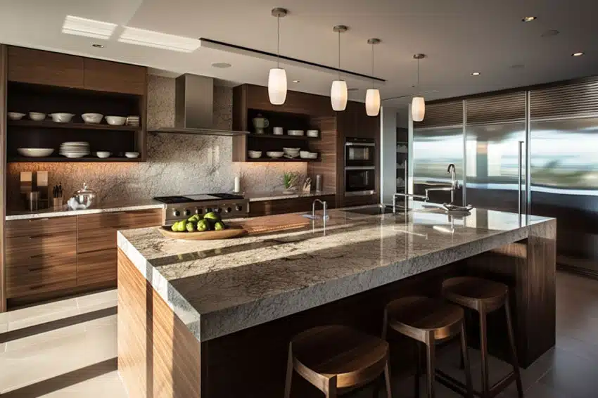 Contemporary kitchen with quartzite backlit countertops
