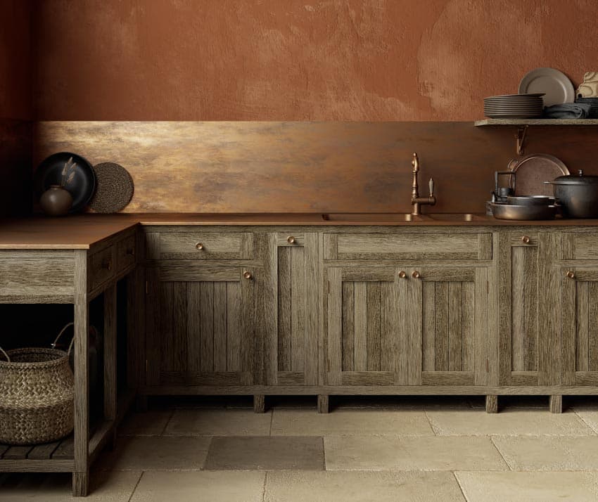 Copper countertop vintage kitchen cabinets backsplash orange wall