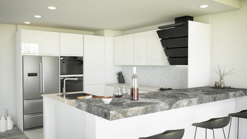 Dolomite counter kitchen white cabinet backsplash recessed lighting