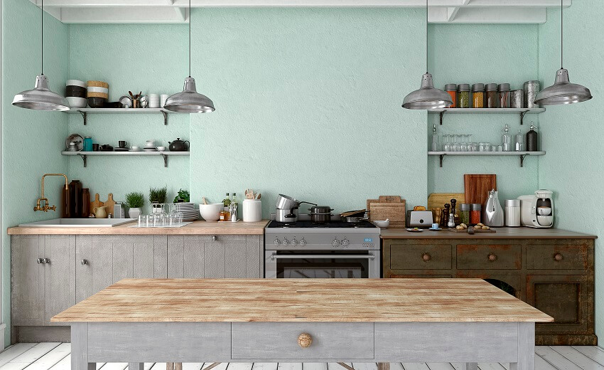 Filled with kitchen essentials classic kitchen with pendant lights ceiling beams light blue walls with open shelves wood table panel wood floors