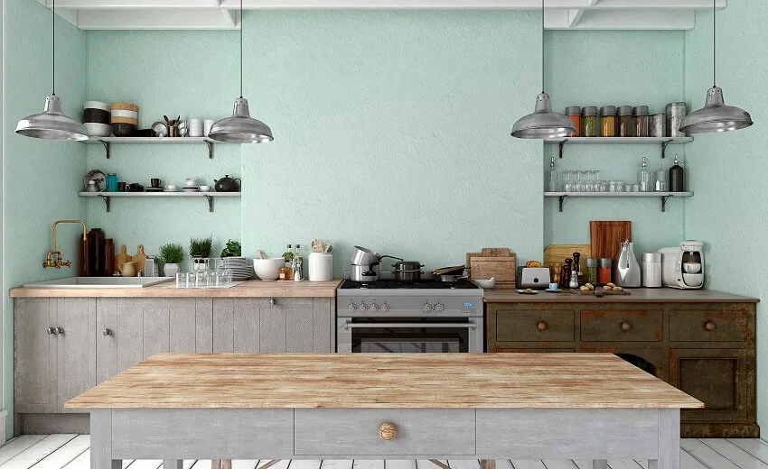 Filled with kitchen essentials classic kitchen with pendant lights ceiling beams light blue walls with open shelves wood table panel wood floors