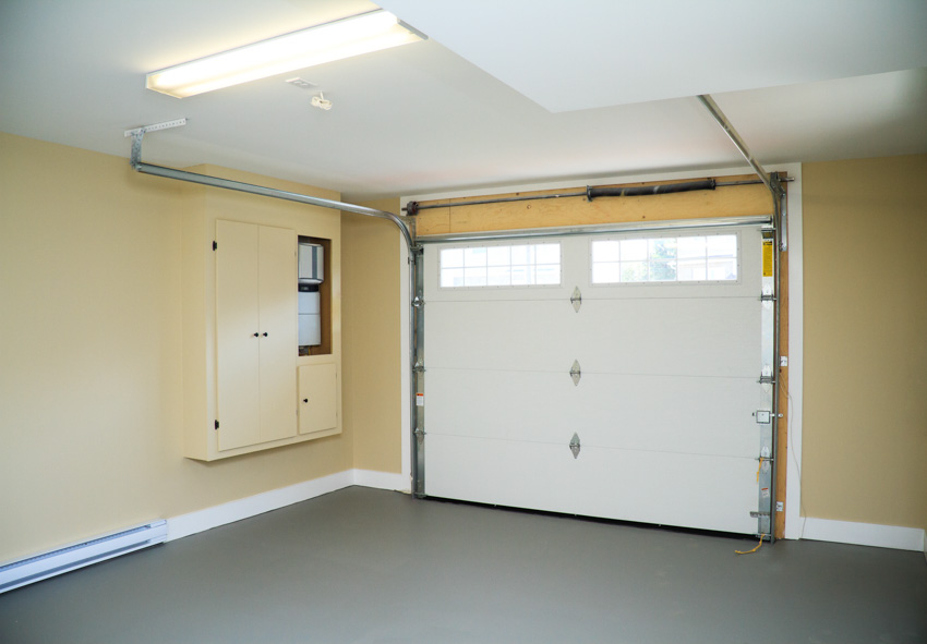 Garage door opener sealed concrete floor ceiling light