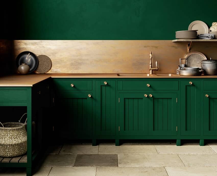 Green kitchen interior with sink decors and brass countertop