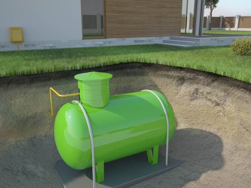 Green propane tank underground lawn house