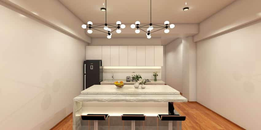 Illuminated countertop kitchen stools white wall hanging pendant light wood flooring