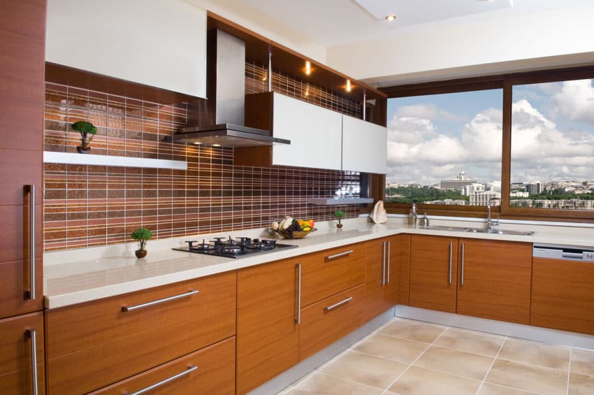 Kitchen featuring nanoglass on countertops and veneer cabinetry