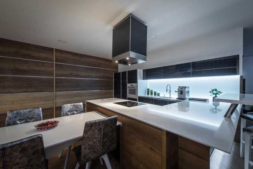 Reflective glass countertop in modern design kitchen