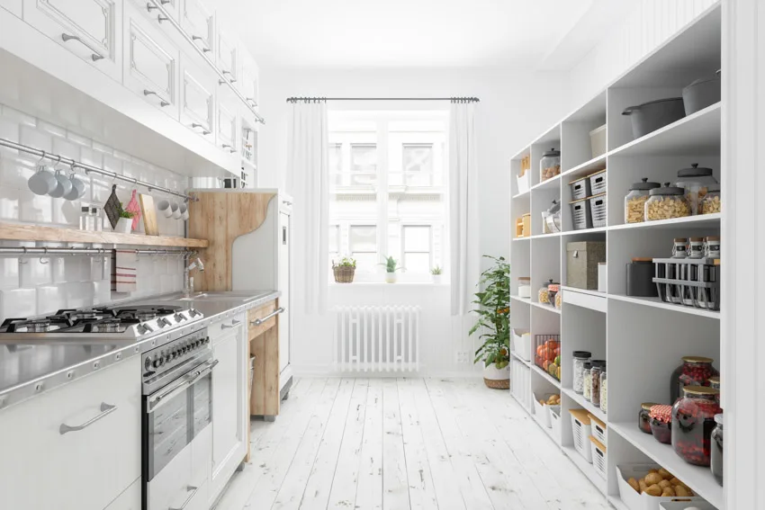 Kitchen pantry shelves backsplash cabinets countertop
