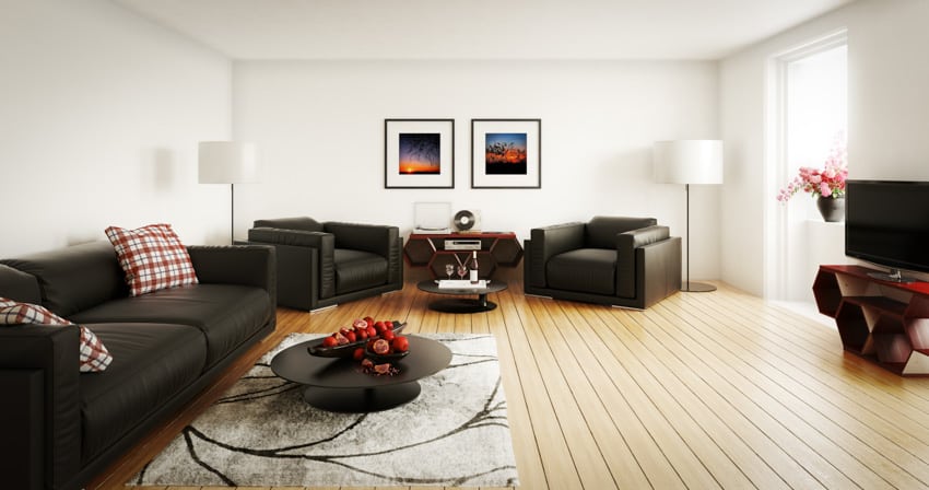 Living room light hardwood floor dark colored furniture sofa white wall floor lamp windows