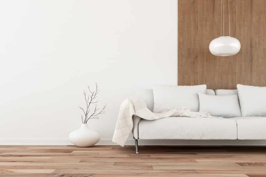 Living room sofa wood floor panels pendant light