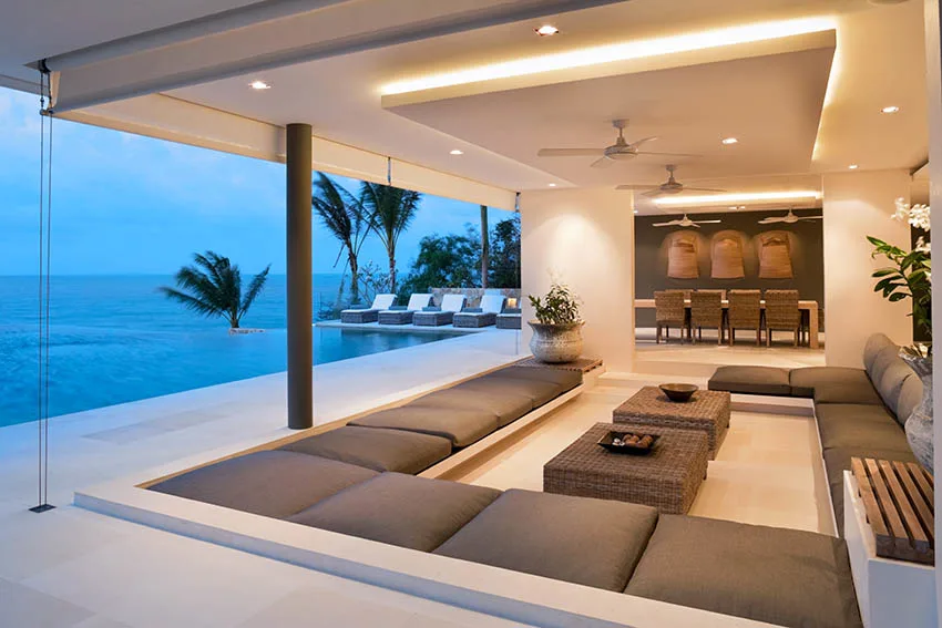 Patio with false ceiling and cove lighting