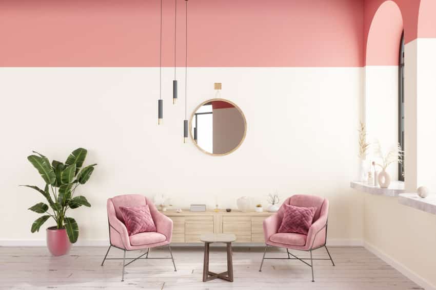 Minimalist living room pink and white wall sofa chairs pendant lights mirror window