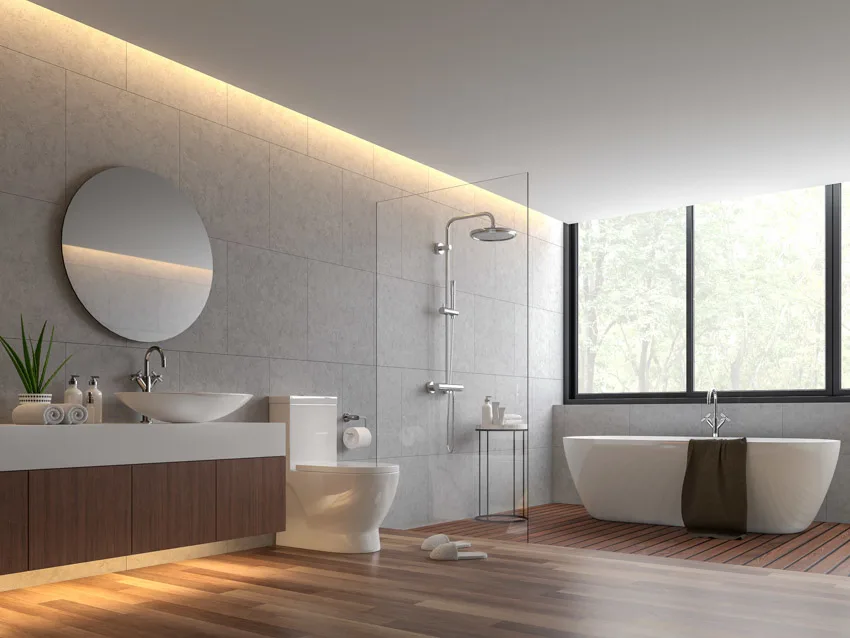Modern bathroom open shower tub wood floor mirror sink toilet window