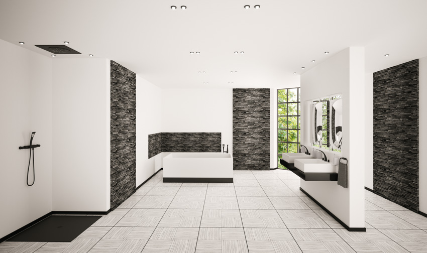 Modern bathroom with rain shower head and wand white tile open concept